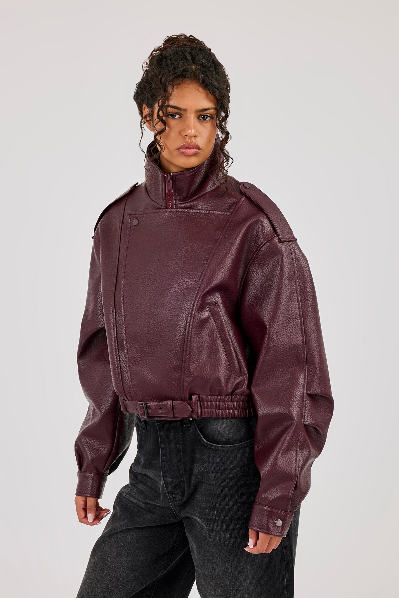 Textured PU Biker Jacket - Burgundy